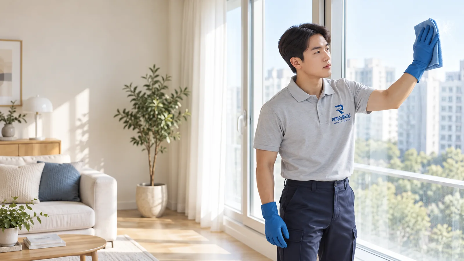 아파트 거실 창문을 닦는 리파인클리닝 작업자