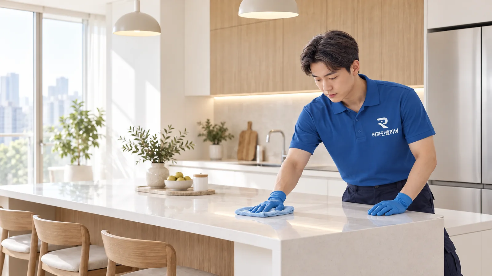 주방 조리대를 닦는 리파인클리닝 작업자